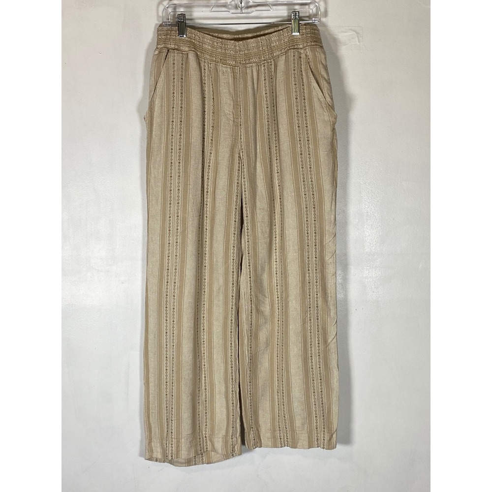 Briggs‎ 55% Linen Blend Wide Leg Pants L Beige Striped Pull On Boho Coastal